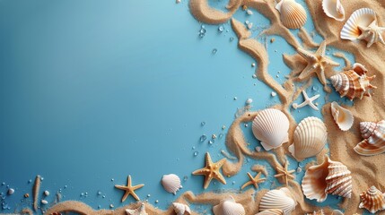 Seashells and Starfish on a Blue Background