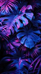 dark background, purple and blue neon light on tropical leaves, in the style of dark art, high contrast, lowkey lighting