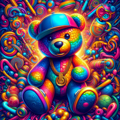 Digital art vibrant colorful cool psychedelic hiphop teddy bear