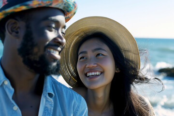 Fototapeta premium Joyful multicultural couple enjoying a sunny day at the beach. Concept of diversity in relationships and leisure activities.