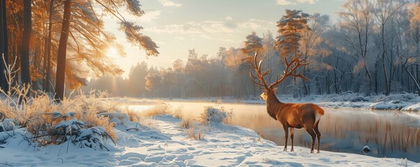 Stunning sunset scene with deer by a river