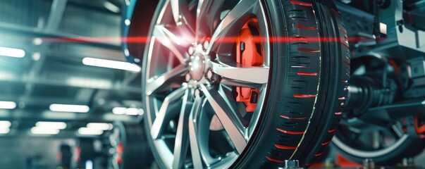 A close up of the car equipment and vehicle wheel , very nice new wheel alignment.