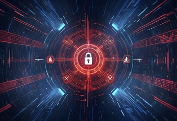 Fototapeta premium Advanced Cybersecurity and Network Protection Concept with Red Lock Symbol, Digital Encryption, Data Privacy, Internet Safety, Secure Access, Firewall Technology, Privacy Protection Interface Design