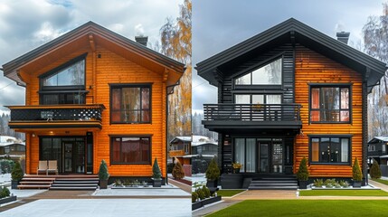 Comparing a modern wooden home's exterior in daylight and night lighting: a stunning side-by-side view