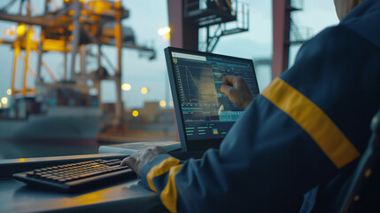 Close-up: Officer checks cargo metrics on computer at the port.