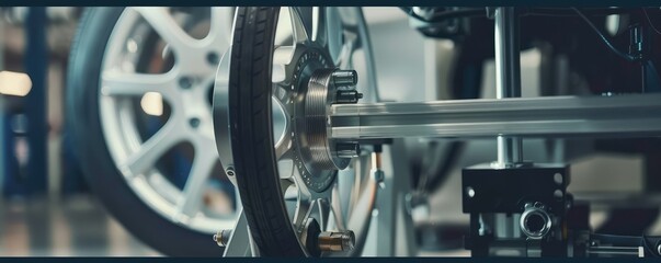 A close up of the car equipment and vehicle wheel , very nice new wheel alignment.