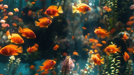   A throng of vibrant oranges glide in a spacious aquarium brimming with verdure and tiny fishes - obrazy, fototapety, plakaty