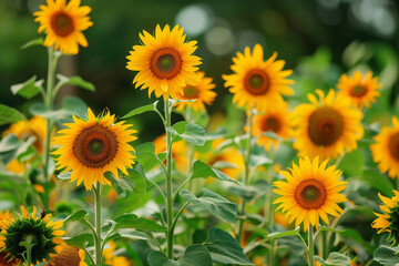 Obraz premium A field of sunflowers with their bright yellow petals contrasting against the green stalks.