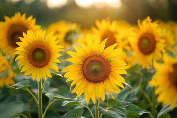 Fototapeta premium A field of sunflowers with their bright yellow petals contrasting against the green stalks.
