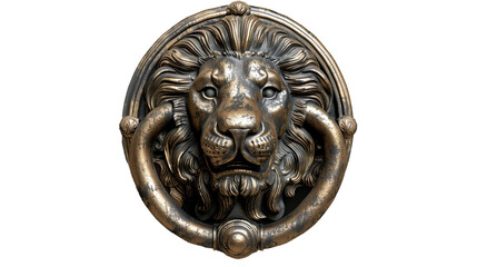 A brass door knocker in the shape of a lion’s head on a transparent background. PNG format, This PNG file, with an isolated cutout object on a transparent background. 