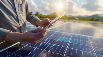 Close-up: Analyst with tablet, solar panels in background, analyzing solar data.