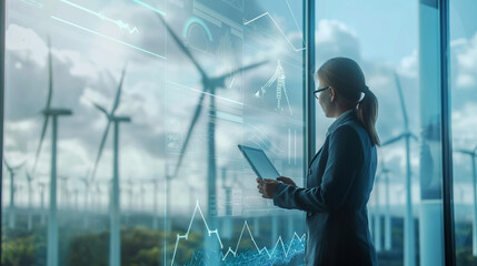 Close-up: Analyst reviews energy data amidst turbines.