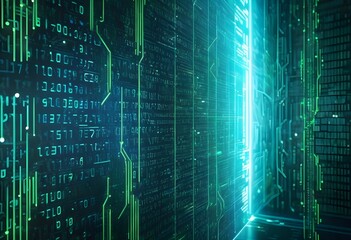 Futuristic Digital Data Center with Green Binary Code Streams: A High-Tech Cybersecurity Infrastructure Featuring Advanced Server Room, Network Operations, and Artificial Intelligence Processing Unit 