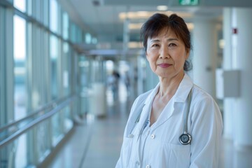 Professional senior female doctor with a stethoscope stands confidently in a hospital corridor, portraying experience and compassion in a healthcare setting with blurred background