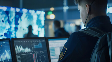 Close-up: Officer examines passport control metrics on computer.