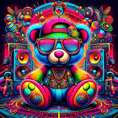 Digital art vibrant colorful cool psychedelic hiphop teddy bear