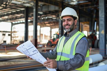 Cheerful male architect wearing a hard hat and safety vest holds architectural blueprints at a construction site, exuding confidence and professionalism in an industrial setting