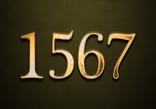 Old gold effect of 1567 number with 3D glossy style Mockup.	