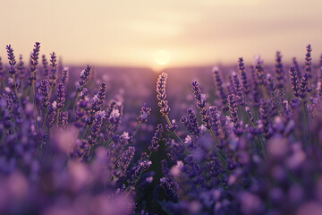 A field of lavender stretches towards the horizon, the purple hue deepening as the flowers sway gently in the breeze.