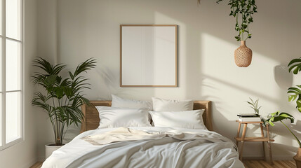 a mockup featuring a poster frame displayed above a bed in a Scandinavian-style bedroom