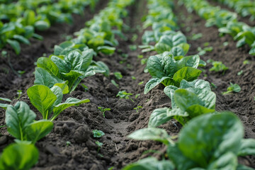 Obraz premium A field of green spinach leaves growing in neat rows.