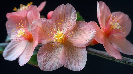   A high-resolution image of three vibrant pink petals surrounded by golden stamens against a dark backdrop