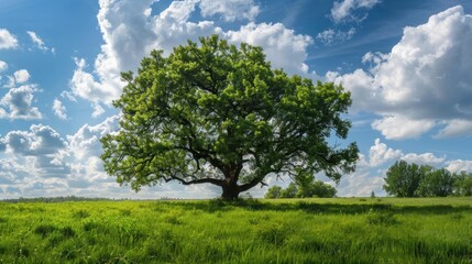 Obraz premium Lonely green oak tree in forest meadow