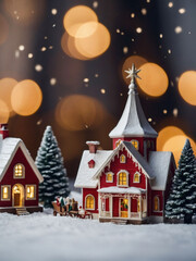 Illustrate a nostalgic Christmas village scene, blanketed in snow and exuding vintage holiday charm.