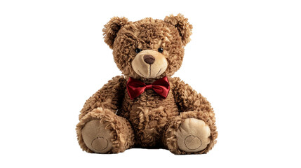 A brown teddy bear with a red bow tie on a transparent background. PNG format, This PNG file, with an isolated cutout object on a transparent background. 