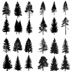 black tree silhouette set pure badge eco outline recreation breath emblem label protection graphic pine trunk woodland