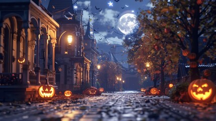 Realistic of horror house and creepy street with moonlight and jack o lantern, halloween background