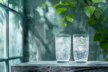 Two glasses of water are sitting on a wooden table