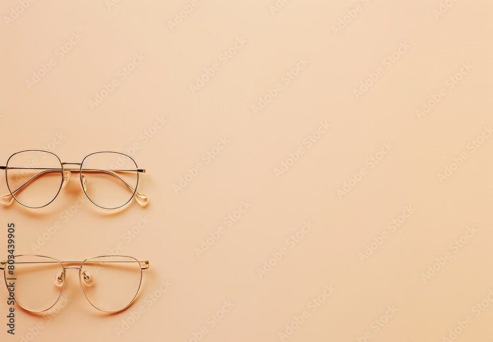 Wall mural minimalist summer fashion: 2 eyeglass pairs on beige. trendy still life for optic store sale