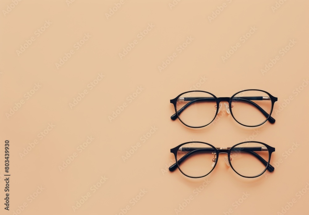 Wall mural minimalist summer fashion: 2 eyeglass pairs on beige. trendy still life for optic store sale