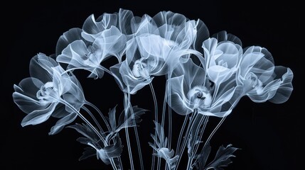 Portrait of x-ray scan of a bouquet of flowers and petals. generative AI image
