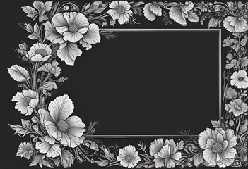 frame with white floral ornament on black background for obituary notice, funeral announcement, necrology