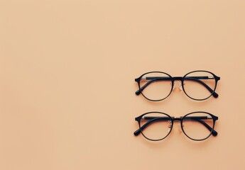 Minimalist summer fashion: 2 eyeglass pairs on beige. Trendy still life for optic store sale