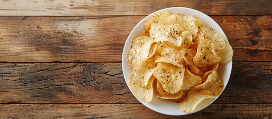 Organic potato chips seasoned with black pepper presented in a white bowl on a wooden table.