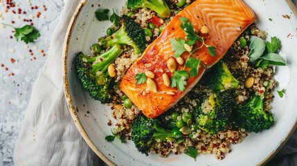 Baked salmon with quinoa and broccoli in a white plate, healthy eating, flat lay