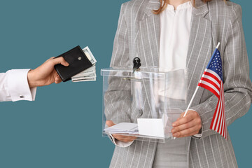 Hand putting wallet with money into ballot box on blue background. Election concept