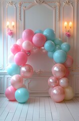 a balloon arch in a room