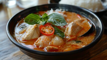 A bowl of tangy and spicy tom yum goong soup served with a side of fluffy jasmine rice, a staple of...