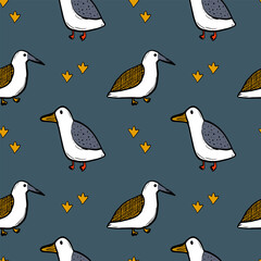 Seagull celestial bird minimalist artistic fashionable doodle boho modern vector seamless pattern