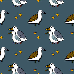 Seagull celestial bird minimalist artistic fashionable doodle boho modern vector seamless pattern