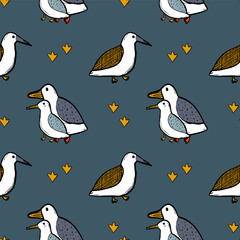 Obraz premium Seagull celestial bird minimalist artistic fashionable doodle boho modern vector seamless pattern
