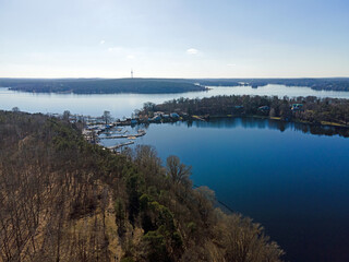 Aerial landscape of river and Grunewald forest on a sunny spring day in Berlin