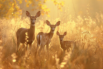 A family of deer grazing peacefully among the tall grasses of a sunlit meadow.