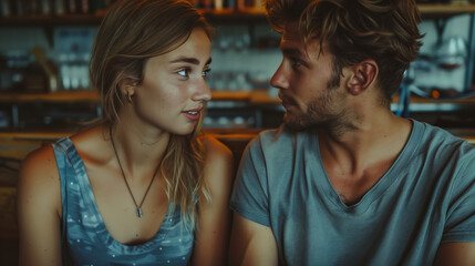 A candid image of two people in an intimate conversation or embrace, showcasing trust and vulnerability in a romantic or close relationship. Evokes feelings of connection, loyalty, and emotional.
