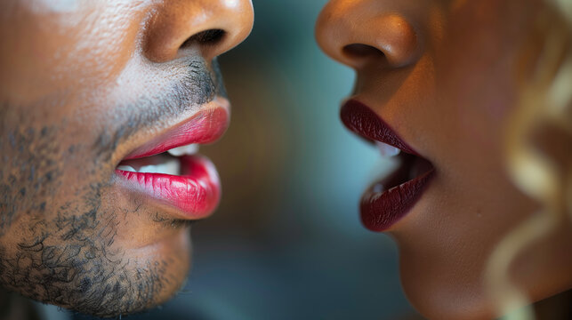 A close-up image of two people engaged in a conversation, with their mouths open as they speak. The focus is on their lips and facial expressions.