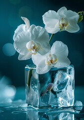 Close up of orchids frozen in an ice cube © BARETH